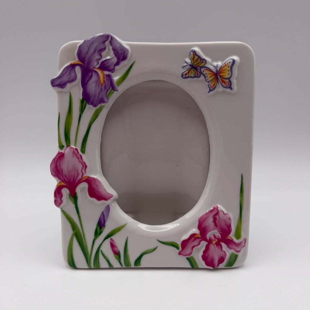 Vintage 3D Porcelain Tabletop Photo Frame Pink Purple Iris Flowers Butterflies